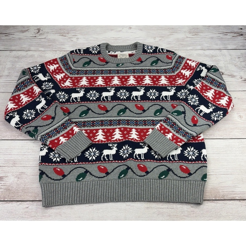 St Johns Bay Men's Medium Christmas Sweater Fair Isle Tree Lights Reindeer EXC